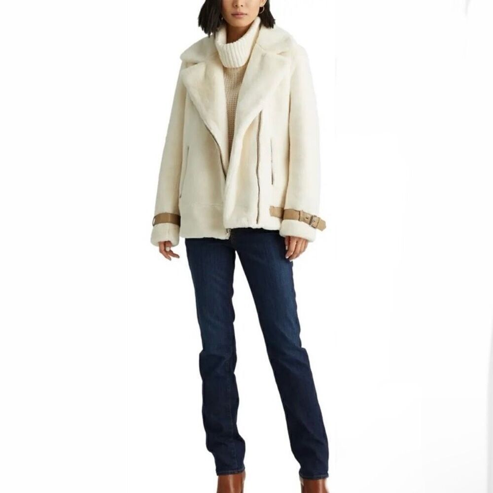Lauren‎ Ralph Lauren Asymmetric Faux Fur Moto Coat Women Medium Cream Lined - Picture 4 of 12